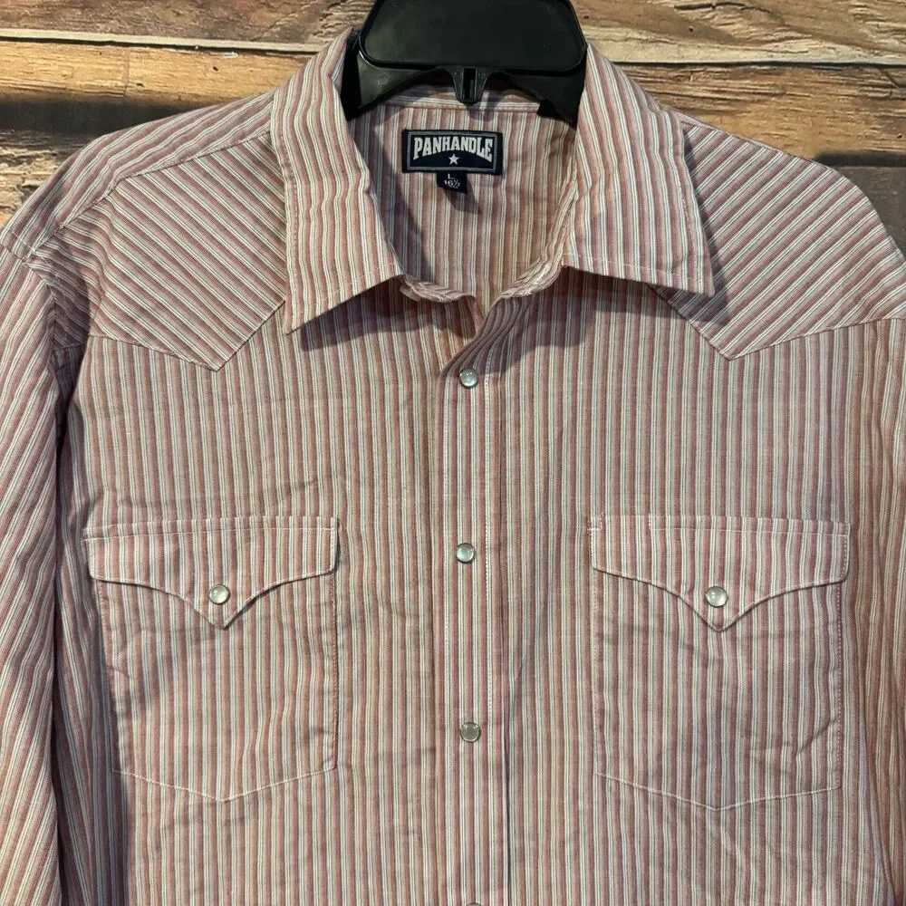 Panhandle Slim Western Shirt Mens L 16.5 Pearl Snap Red Blue Stripe Long Sleeve